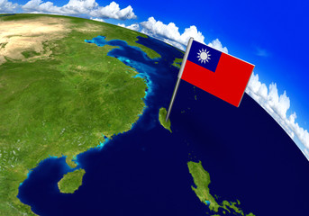 Flag marker over country of Taiwan on world map 3D rendering, parts of this image furnished by NASA - 112819718