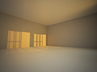 Empty Room Interior with sunset light on the wall. White Background. 3d Render Illustration