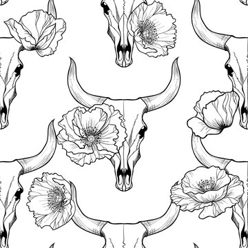 Bull skull and poppy flowers on  white a  background vector seamless pattern