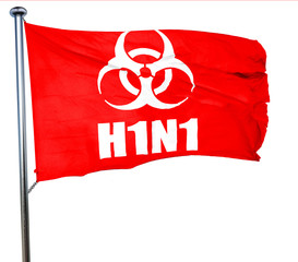 H1N1 virus concept background, 3D rendering, a red waving flag