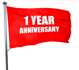 1 year anniversary, 3D rendering, a red waving flag