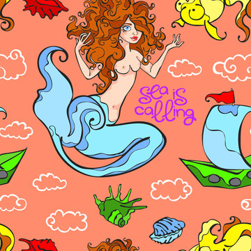 Sea is calling. Mermaid. Seashells, ship, goldfish, waves and clouds. Seamless vector pattern (background).