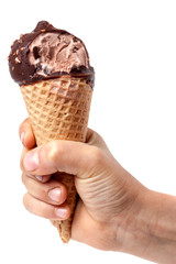 child' hand holding bitten off ice cream isolated on white