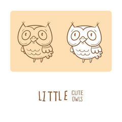 Card with cute cartoon owls. Little funny birds. Children's illustration. Vector image. Two variants contour  image, transparent background and white fill.