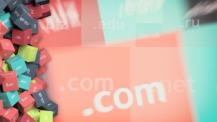 3D rendering of colorful cubes with domain names, abstract background