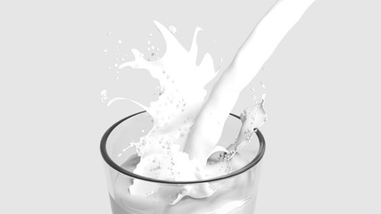 3D rendering of pouring milk splashing in the glass closeup, on white