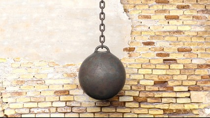 Metallic rusty wrecking ball on chain,with old brick wall background 3D rendering