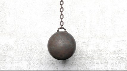 Metallic rusty wrecking ball on chain. 3D rendering