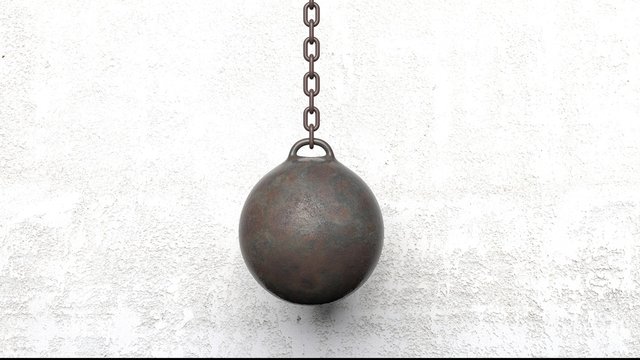 Metallic rusty wrecking ball on chain. 3D rendering - Powered by Adobe