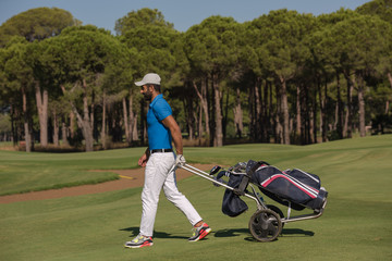 golf player walking with wheel bag