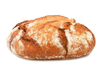 Freshly baked loaf of traditional round rye bread isolated on white background. Design element for bakery product label, catalog print, web use.