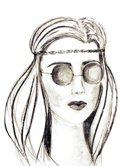 Beautiful hippie girl in round glasses, charcoal drawing. Fashion illustration. Charcoal sketch on white background