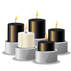 Black and white burning candles on a metal stand