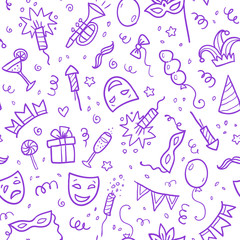 Violet carnival symbols in doodle style on white background, seamless pattern
