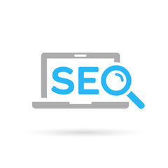 SEO (Search Engine Optimization) Icon concept with blue text, magnifying glass and grey laptop isolated on white background. Vector illustration.