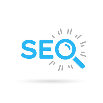 Search Engine optimization Icon concept with blue SEO text and magnifying glass isolated on white background. Vector illustration.