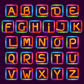 Colorful one line neon letters in square set.