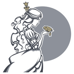 beautiful princess and frog prince, vector fairy tale illustrati