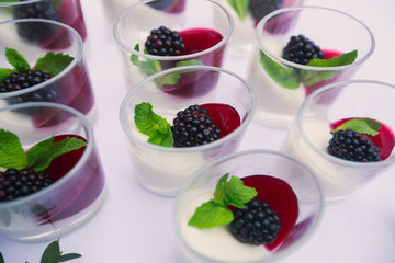 Beautifully decorated catering banquet table with different food snacks and appetizers with sandwich, caviar, fresh fruits on corporate christmas birthday kids party event or wedding celebration