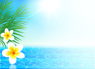 Calm sea and tropical flowers summer background