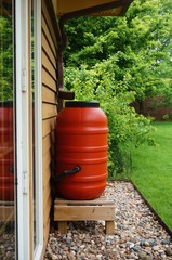 Fototapeta na wymiar Rain barrels collecting water in the garden