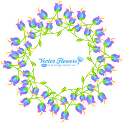 Blue flowers round frame isolated on white background