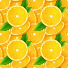 Juicy orange slices with green leaves seamless pattern