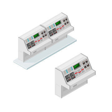 Isometric Vector Illustration Of An Industrial Control Panel.
Analog Retro Machine Control Panel Icons.