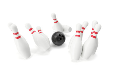 Bowling ball and skittles isolated on white background. 3d illustration