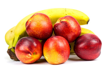 bananas and nectarines on a white background