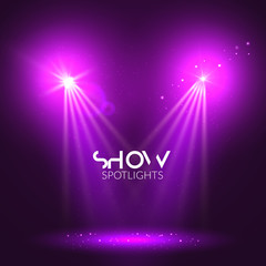 Spotlights empty scene. Illuminated stage design. Show background with lights special effect