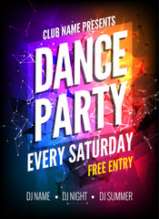 Dance Party Poster Template. Night Dance Party flyer.  Club party design template on dark colorful background. Club free entry 