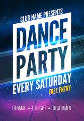 Dance Party Poster Template. Night Dance Party flyer.  Club party design template on dark colorful background. Club free entry 