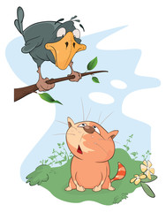  Illustration of A Raven and a Cat. Cartoon 