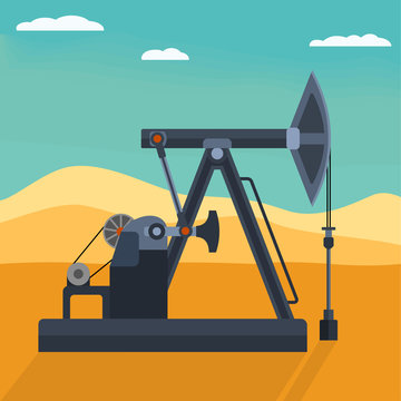 Pumpjack detailed flat style vector illustration. Working oil well pump on the desert background. Industrial machine for extraction of petroleum.