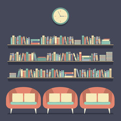 Flat Design Reading Seats and Bookshelves Vector Illustration.