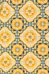 Closeup on traditional old tiles, detail of classic ceramic Portugal mosaic