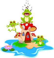 Fototapeta premium Illustration of 3 frogs on a mushroom