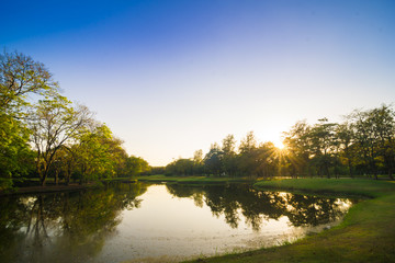 Sunset in the beautiful park with pond nature