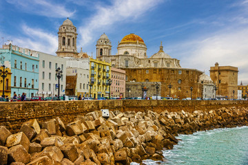 Cadiz, Spain. Seafront Cathedral Campo del Sur - obrazy, fototapety, plakaty