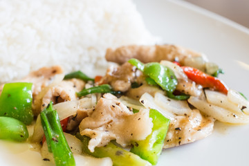 Fried pork with black pepper with rice  ,Thai food.