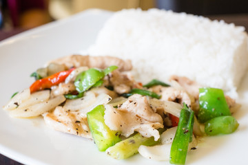 Fried pork with black pepper with rice  ,Thai food.