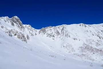 Fototapeta na wymiar Senjojiki cirque at the Central Japan Alps in winter in Nagano, Japan