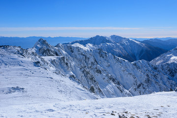 Ridge line of the Central Japan Alps in winter in Nagano, Japan