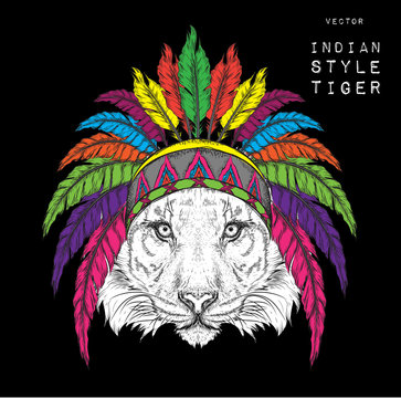 Tiger in the colored Indian roach. Feather headdress of eagle. Hand draw vector  illustration