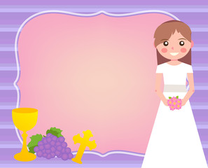 First Holy Communion beautiful Card template little girl white dress vector cute invitation space for text purple and pink