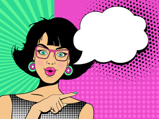 Wow face. Young sexy surprised woman with open mouth and hand pointing on speech bubble. Vector colorful background in pop art retro comic style. - obrazy, fototapety, plakaty