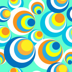 Seamless pattern of bright colored circles and rings on a turquoise background