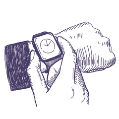 Illustration of businessman looking at the hand watch on white background