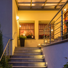 Outside stairs with metal handrail